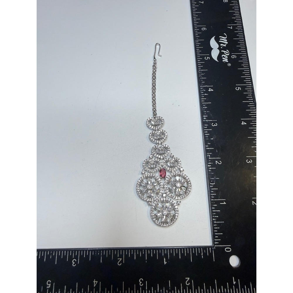 Silver Tone Maang Tikka Headpiece Cubic Zirconia Red Stone Indian Bridal Jewelry